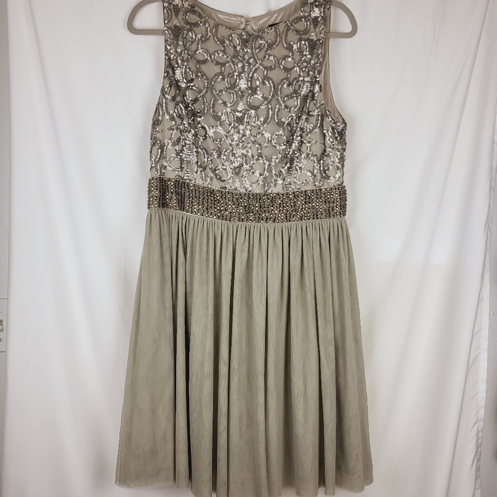 Adrianna Papell Beaded Taupe Evening Midi Dress